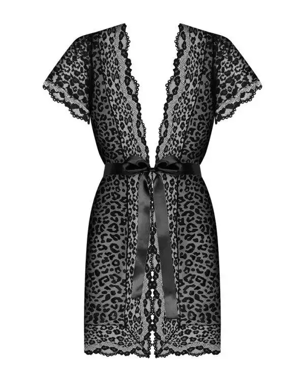Obsessive Giully Peignoir - Sexy schwarzes Peignoir mit Leopardenmuster schwarz L/XL