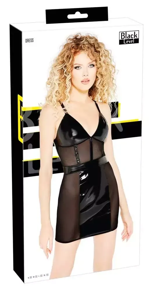 Black Level Lackkleid mit silbernen Ziernähten, tailliert & eng, Neckholder schwarz S