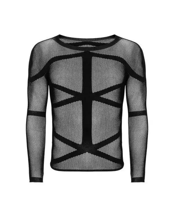 Obsessive Langarm-Shirt T101 - Sexy schwarzes Netzshirt mit Riemen-Optik