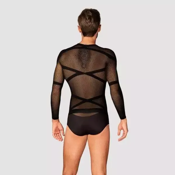 Obsessive Langarm-Shirt T101 - Sexy schwarzes Netzshirt mit Riemen-Optik