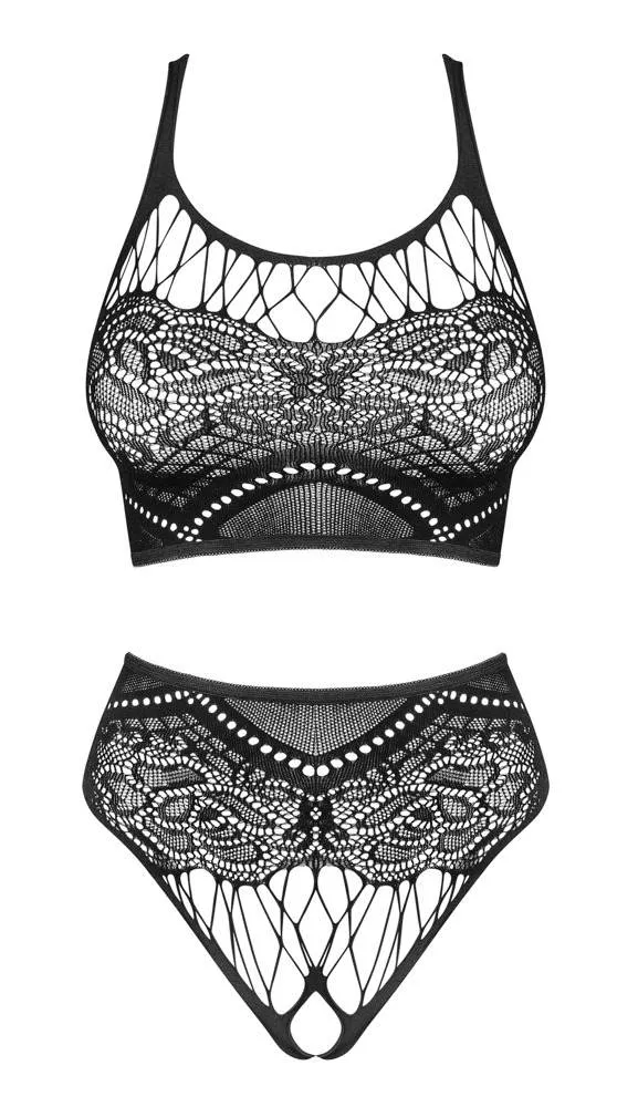 Obsessive Schwarzes Dessous-Set K103 - Sexy Netzmaschen, Top und String Ouvert, Schwarz, Größe S-XL