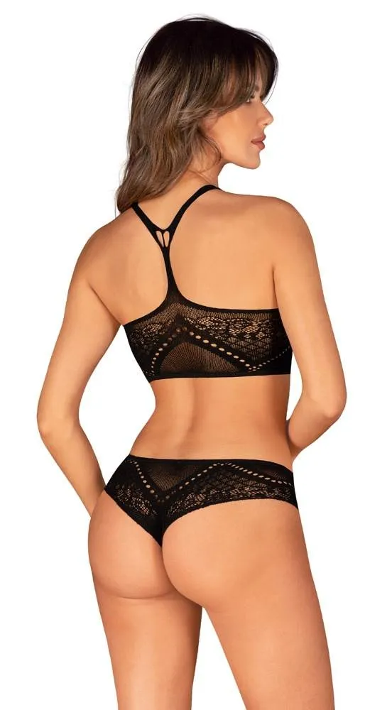 Obsessive Schwarzes Dessous-Set K103 - Sexy Netzmaschen, Top und String Ouvert, Schwarz, Größe S-XL