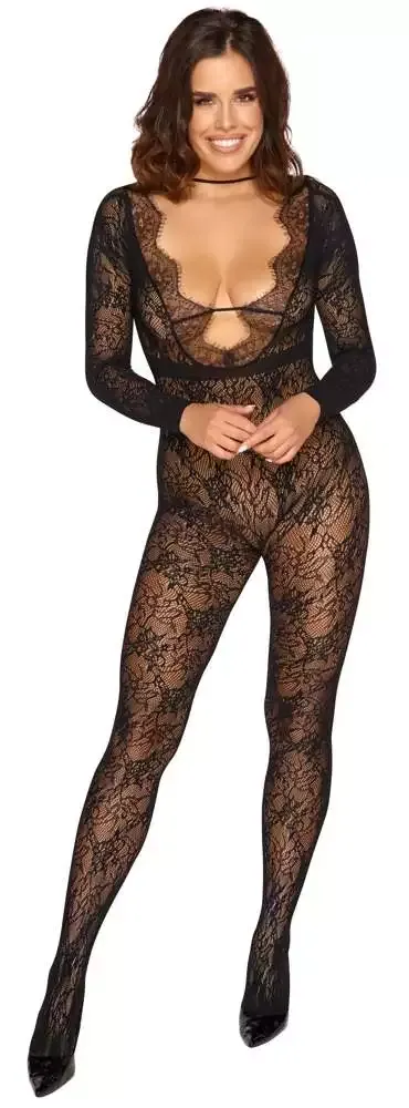 Cottelli FANTASY Langarm-Catsuit ouvert in Spitzenoptik