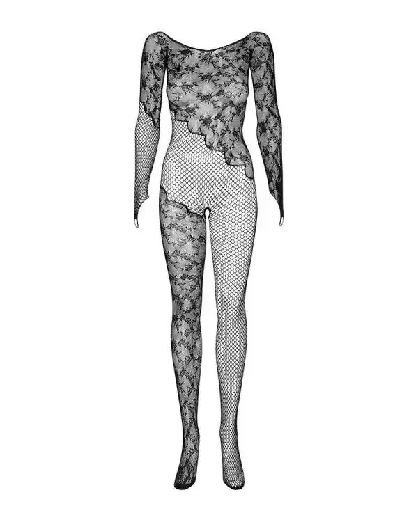 Obsessive Catsuit F210 - Florales Netzdesign - Offener Schritt - Schwarz Obsessive Catsuit F210 - Florales Netzdesign - Offener Schritt - Schwarz
