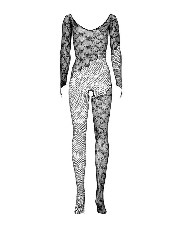 Obsessive Catsuit F210 - Florales Netzdesign - Offener Schritt - Schwarz Obsessive Catsuit F210 - Florales Netzdesign - Offener Schritt - Schwarz