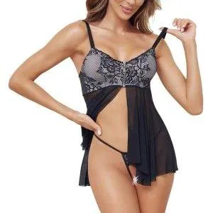 Cottelli LINGERIE Babydoll und String Ouvert Set - Stylisch und Sexy, Weiß/Schwarz, Größe S-XL Cottelli LINGERIE Babydoll und String Ouvert Set - Stylisch und Sexy, Weiß/Schwarz, Größe S-XL – Bild 4