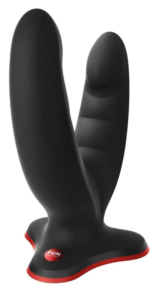 Fun Factory Ryde Doppeldildo, flexibel, einzigartiges Design, 2 Ausleger, glatte Oberfläche, stimulierende Rillen, 12,3 cm & 10 cm, Silikon, 3,8 cm, 240 g, Saugfuß, Strap-on & Harness kompatibel.
