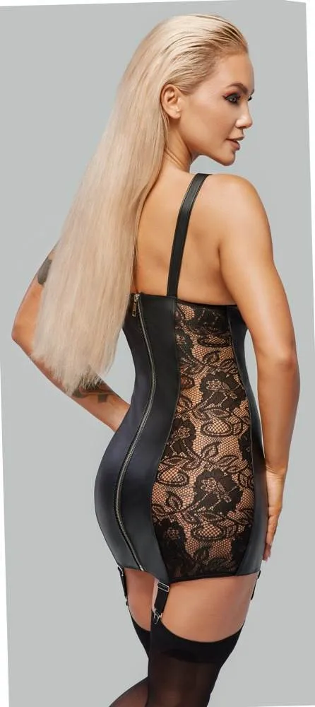ZADO Leder Straps-Kleid mit Spitze, Silber, busenfrei ZADO Leder Straps-Kleid mit Show-Effekt, Größe S, Schwarz – B