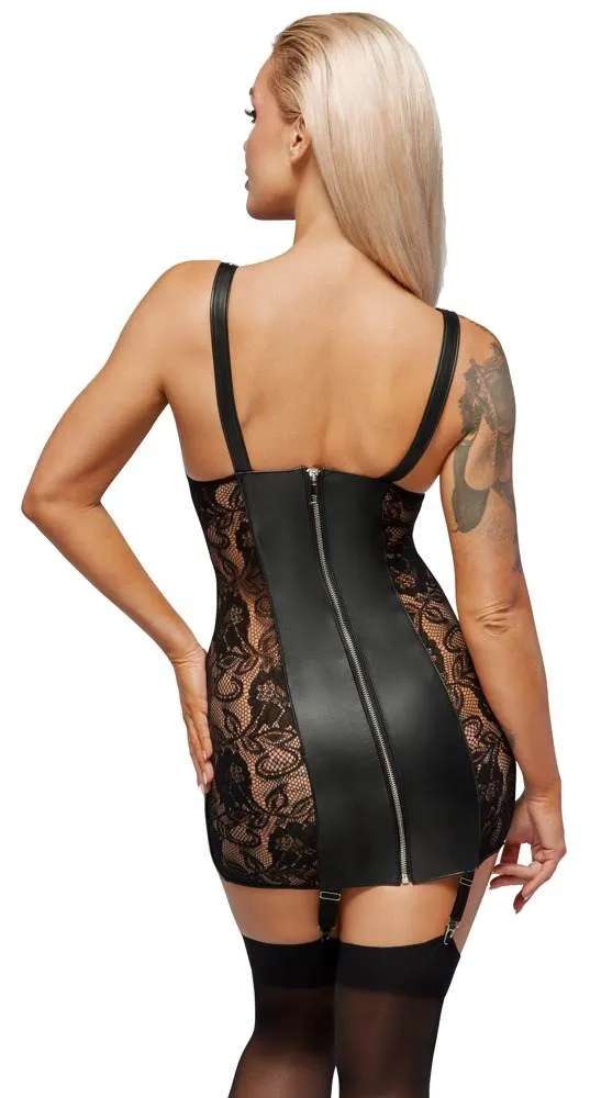ZADO Leder Straps-Kleid mit Spitze, Silber, busenfrei ZADO Leder Straps-Kleid mit Show-Effekt, Größe S, Schwarz – Rückseite