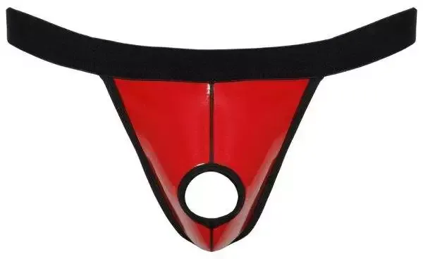 Svenjoyment Glanz-String mit Swellfunktion, Lackglanz, rot/schwarz, breiter Webgummibund Svenjoyment Glanz-String mit Swellfunktion, Lackglanz, rot/schwarz, breiter Webgummibund
