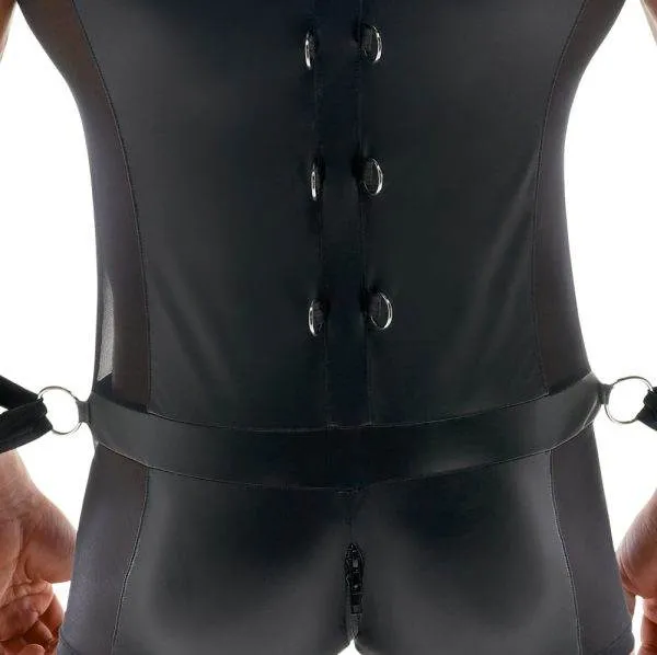 Svenjoyment Bondage Ärmelloser Overall & Handfesseln, Mattlook mit Netz-Einsätzen schwarz Größe M Svenjoyment Bondage Ärmelloser Overall & Handfesseln, Mattlook mit Netz-Einsätzen schwarz Größe M