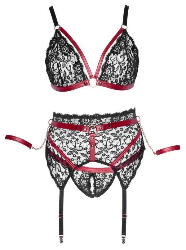 Cottelli BONDAGE - Spitzen BH Set mit Armfesseln Schwarz/Rot 2XL Cottelli BONDAGE - Spitzen BH Set mit Armfesseln Schwarz/Rot 2XL
