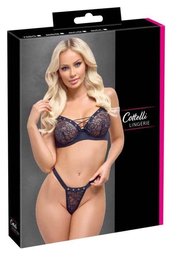 Cottelli LINGERIE Spitzen-Bügel-BH und Riostring-Set, schwarz mit silberfarbenen Ösen – Verpackung Cottelli LINGERIE Spitzen-Bügel-BH und Riostring-Set, schwarz mit silberfarbenen Ösen – Verpackung