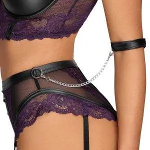 Cottelli BONDAGE Burlesque-Set: Longline-Hebe, Straps-Slip ouvert & Handfesseln Schwarz/Lila Größe 75B/S Cottelli BONDAGE Burlesque-Set: Longline-Hebe, Straps-Slip ouvert & Handfesseln Schwarz/Lila Größe 75B/S – Bild 7