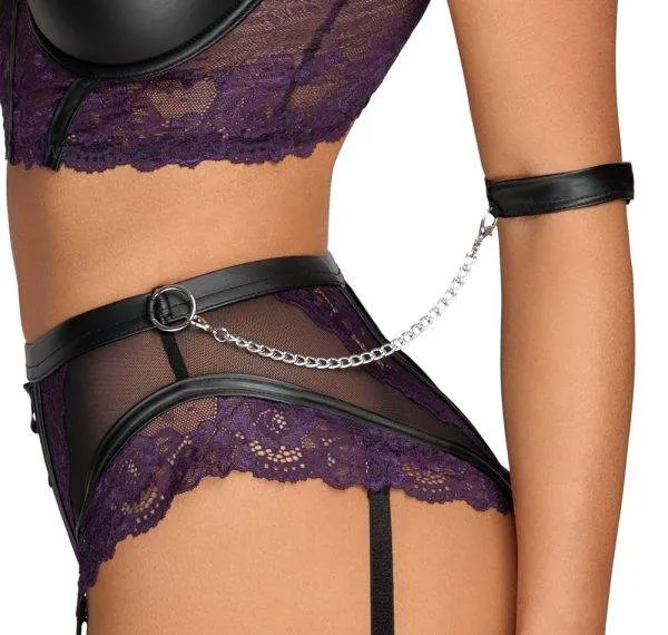 Cottelli BONDAGE Burlesque-Set: Longline-Hebe, Straps-Slip ouvert & Handfesseln Schwarz/Lila Größe 75B/S Cottelli BONDAGE Burlesque-Set: Longline-Hebe, Straps-Slip ouvert & Handfesseln Schwarz/Lila Größe 75B/S