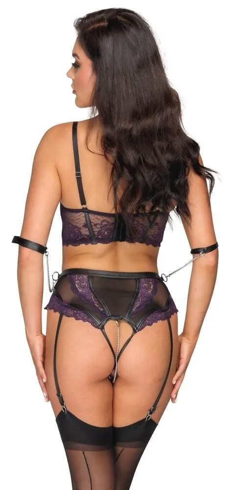 Cottelli BONDAGE Burlesque-Set: Longline-Hebe, Straps-Slip ouvert & Handfesseln Schwarz/Lila Größe 75B/S Cottelli BONDAGE Burlesque-Set: Longline-Hebe, Straps-Slip ouvert & Handfesseln Schwarz/Lila Größe 75B/S
