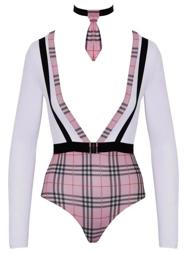 Cottelli COSTUMES Schulmädchen Kostüm - Karo-Look, Langarm-Body & Krawatten-Halsband Weiß/Rosa/Schwarz Größe L Cottelli COSTUMES Schulmädchen Kostüm - Karo-Look, Langarm-Body & Krawatten-Halsband Weiß/Rosa/Schwarz Größe L