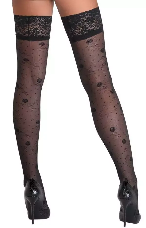 Cottelli LEGWEAR - Rosenmuster Halterlose Strümpfe schwarz Größe 1 Cottelli LEGWEAR - Rosenmuster Halterlose Strümpfe schwarz Größe 1