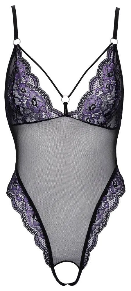 Cottelli LINGERIE Body Spitze - Verführerischer Body ouvert mit Blütenspitze Schwarz/Lila S Cottelli LINGERIE Body Spitze - Verführerischer Body ouvert mit Blütenspitze Schwarz/Lila S