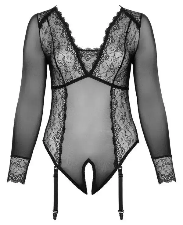 Cottelli CURVES Body Spitze - Sexy transparenter Langarm-Body schwarz Größe 2XL Cottelli CURVES Body Spitze - Sexy transparenter Langarm-Body schwarz Größe 2XL