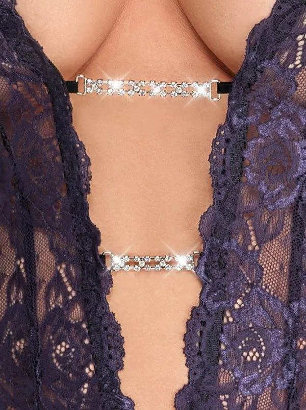 Cottelli LINGERIE - Ouvert-Body Strapsen, lila/schwarz Schwarz/Lila Größe M Cottelli LINGERIE - Ouvert-Body Strapsen, lila/schwarz Schwarz/Lila Größe M