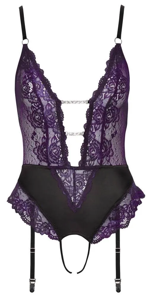 Cottelli LINGERIE - Ouvert-Body Strapsen, lila/schwarz Schwarz/Lila Größe M Cottelli LINGERIE - Ouvert-Body Strapsen, lila/schwarz Schwarz/Lila Größe M