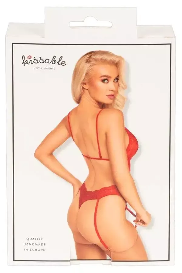 Kissable Verführerischer Spitzen-Straps-Body in Rot mit Goldakzenten, Größe S/M Kissable Verführerischer Spitzen-Straps-Body in Rot mit Goldakzenten, Größe S/M