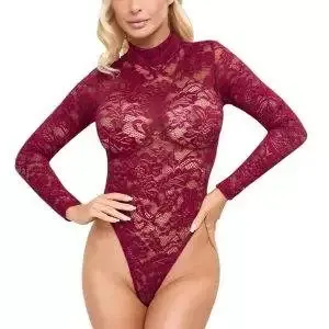 Cottelli LINGERIE Bordeaux Spitzen-Body Cottelli LINGERIE Bordeauxroter Spitzen-Langarm-Body – B