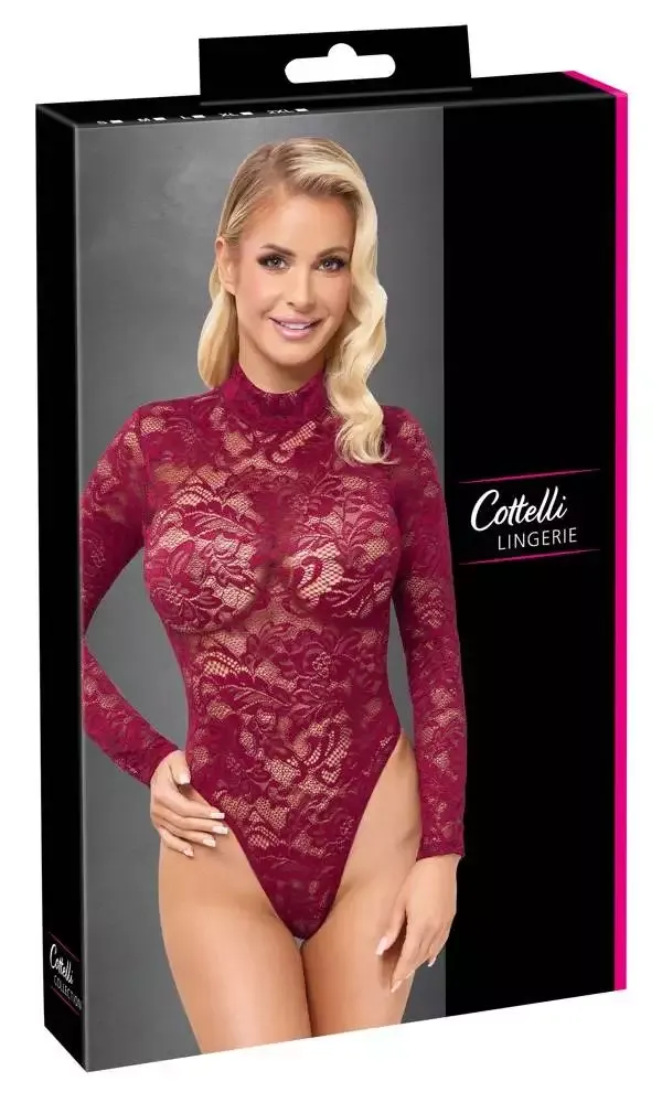 Cottelli LINGERIE Bordeauxroter Spitzen-Langarm-Body – Verpackung