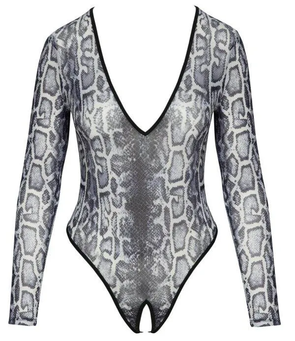 Cottelli LINGERIE Snakeskin Body ouvert transparent, tief dekolletiert, Langarm Cottelli LINGERIE Snakeskin Body ouvert transparent, tief dekolletiert, Langarm