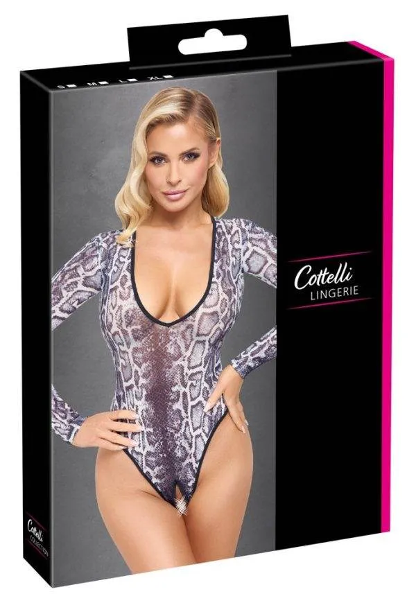 Cottelli LINGERIE Snakeskin Body ouvert transparent, tief dekolletiert, Langarm