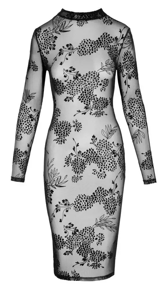 Noir Flockprint Langarm-Kleid in Powernet S Noir Flockprint Langarm-Kleid in Powernet S