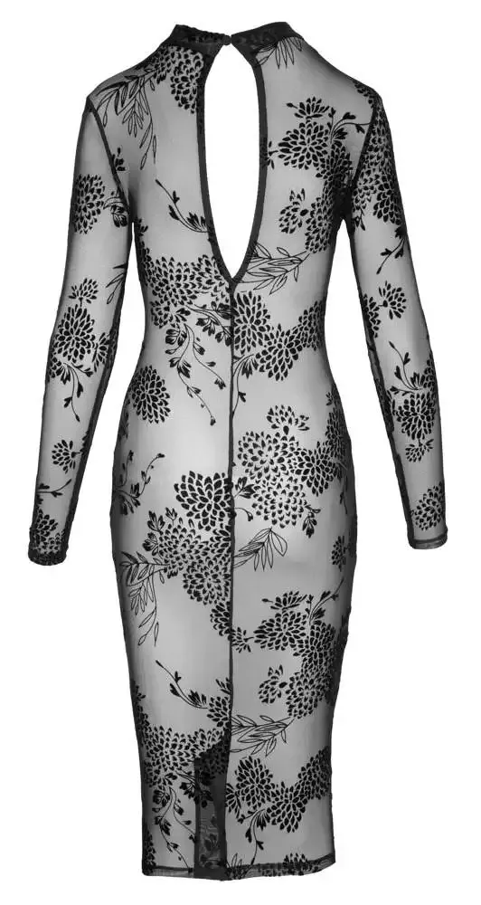 Noir Flockprint Langarm-Kleid in Powernet S Noir Flockprint Langarm-Kleid in Powernet S