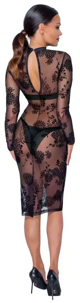 Noir Flockprint Langarm-Kleid in Powernet S Noir Flockprint Langarm-Kleid in Powernet S