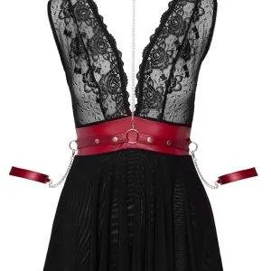 Cottelli BONDAGE - Spitzen-Babydoll mit Powernet, Gürtel & Halsband Schwarz/Rot S Cottelli BONDAGE - Spitzen-Babydoll mit Powernet, Gürtel & Halsband Schwarz/Rot S – Hollow B