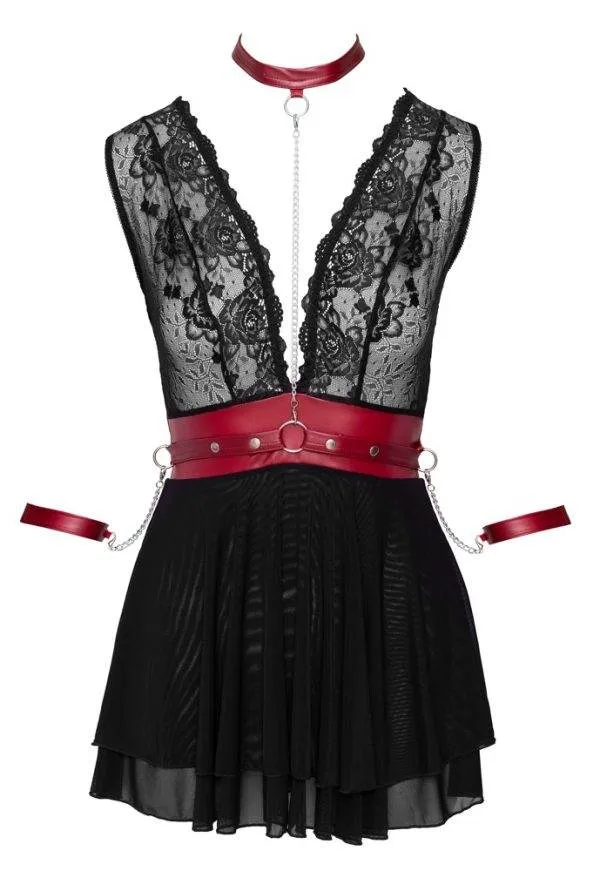Cottelli BONDAGE - Spitzen-Babydoll mit Powernet, Gürtel & Halsband Schwarz/Rot S Cottelli BONDAGE - Spitzen-Babydoll mit Powernet, Gürtel & Halsband Schwarz/Rot S – Hollow B