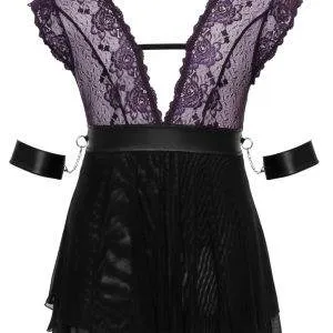 Cottelli BONDAGE PLUS Babydoll-Set: Fesselnd verspielt, lilafarbene Spitze, Armfesseln Schwarz/Lila Größe XL Cottelli BONDAGE PLUS Babydoll-Set: Fesselnd verspielt, lilafarbene Spitze, Armfesseln Schwarz/Lila Größe XL – Hollow Rückseite