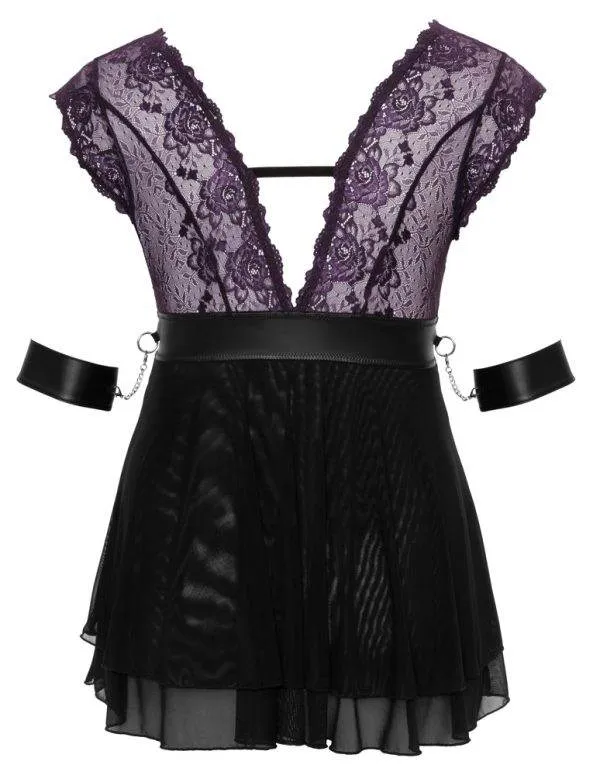 Cottelli BONDAGE PLUS Babydoll-Set: Fesselnd verspielt, lilafarbene Spitze, Armfesseln Schwarz/Lila Größe XL Cottelli BONDAGE PLUS Babydoll-Set: Fesselnd verspielt, lilafarbene Spitze, Armfesseln Schwarz/Lila Größe XL – Hollow Rückseite