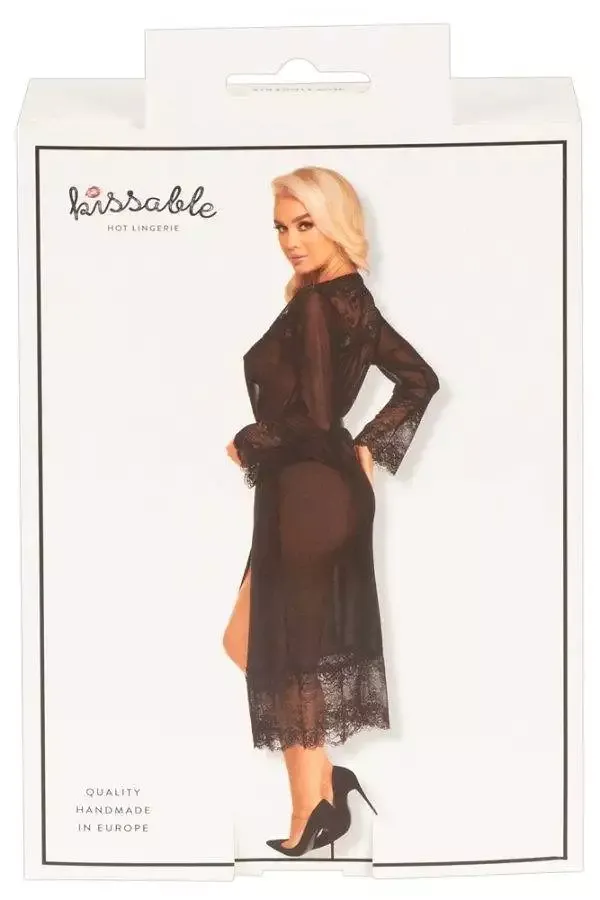 Kissable Kimono lang - Verführerische Transparenz schwarz L/XL Kissable - Eleganter Powernet Kimono mit Spitzen-Einsätzen in Schwarz – Verpackung B