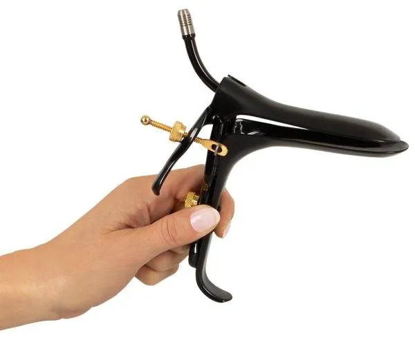 Fetish Collection Spekulum mit Luft- & Flüssigkeitsschlauch - Schwarz/Gold, Edelstahl, 15 cm Fetish Collection Spekulum mit Luft- & Flüssigkeitsschlauch - Schwarz/Gold, Edelstahl, 15 cm – F