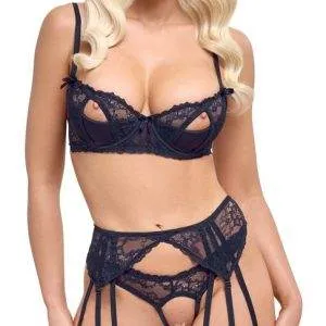 Cottelli LINGERIE Straps-Set Schwarz Eleganzerotische Details BH Strapsgürtel Riostring – A