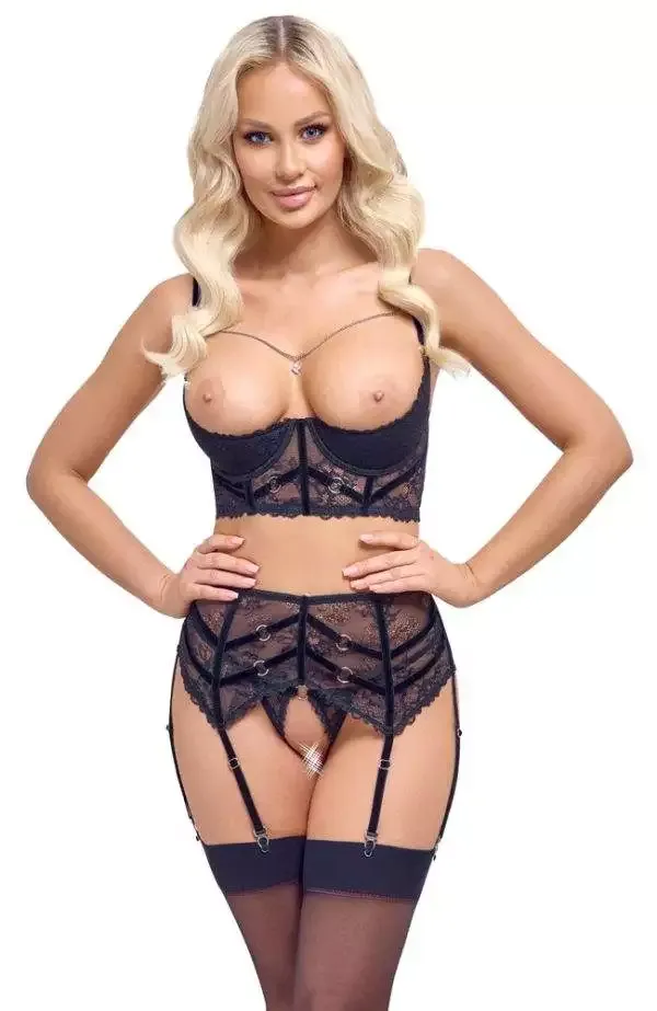 Cottelli LINGERIE Spitzen-Trio Schwarz – Hebe, Strapsgürtel, String ouvert – B