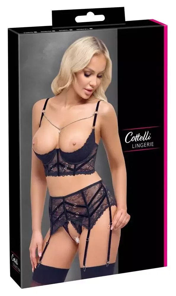 Cottelli LINGERIE Spitzen-Trio Schwarz – Hebe, Strapsgürtel, String ouvert – Verpackung