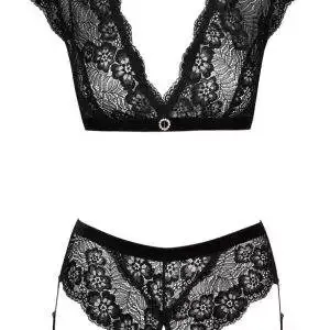 Cottelli LINGERIE Spitzen-Set mit Straps-Touch, Schwarz, Größe S/M Cottelli LINGERIE - Schwarzes Spitzen-Set mit offenem Slip und Strassring – Hollow B
