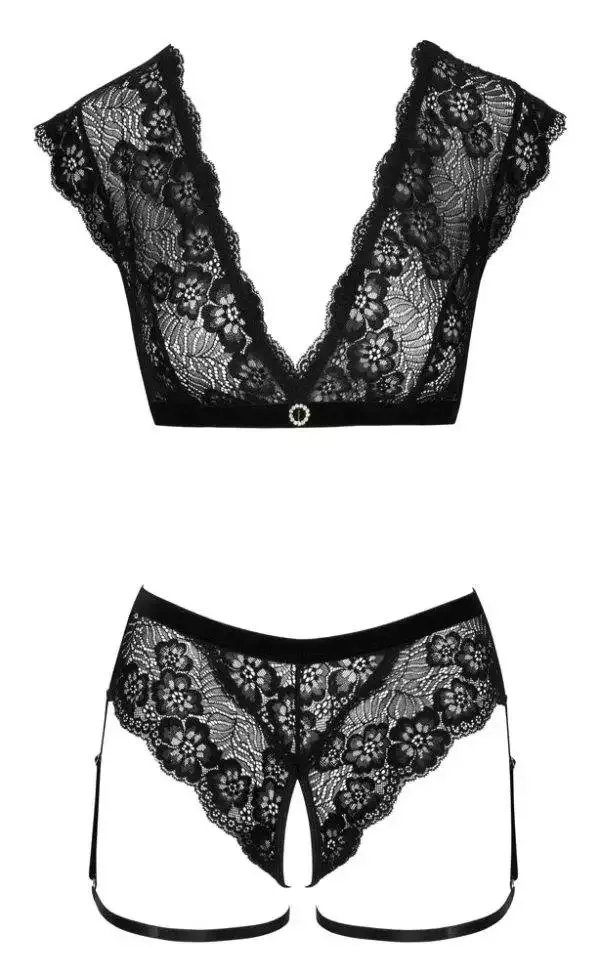 Cottelli LINGERIE Spitzen-Set mit Straps-Touch, Schwarz, Größe S/M Cottelli LINGERIE - Schwarzes Spitzen-Set mit offenem Slip und Strassring – Hollow B