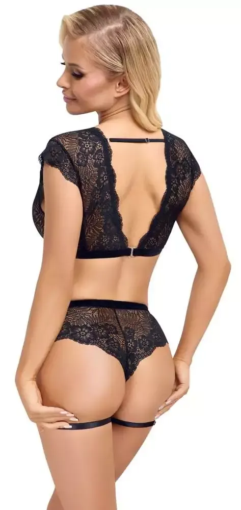 Cottelli LINGERIE Spitzen-Set mit Straps-Touch, Schwarz, Größe S/M Cottelli LINGERIE - Schwarzes Spitzen-Set mit offenem Slip und Strassring – Rückseite