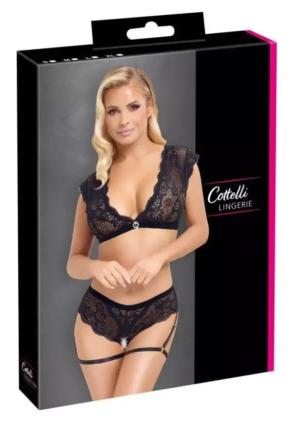 Cottelli LINGERIE - Schwarzes Spitzen-Set mit offenem Slip und Strassring – Verpackung