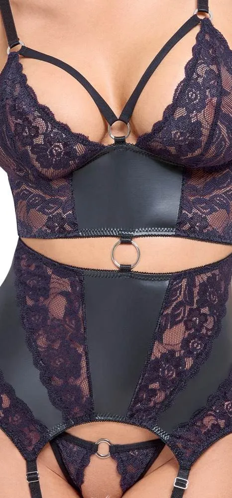 Cottelli LINGERIE Strapshemd und String ouvert Set - Schwarzes Mattlook mit lila Spitzen-Einsätzen Cottelli LINGERIE Strapshemd und String Ouvert Set in Schwarz-Lila – Det
