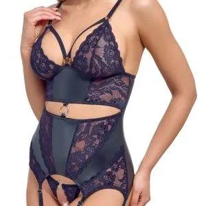 Cottelli LINGERIE Strapshemd und String ouvert Set - Schwarzes Mattlook mit lila Spitzen-Einsätzen Cottelli LINGERIE Strapshemd und String Ouvert Set in Schwarz-Lila – B