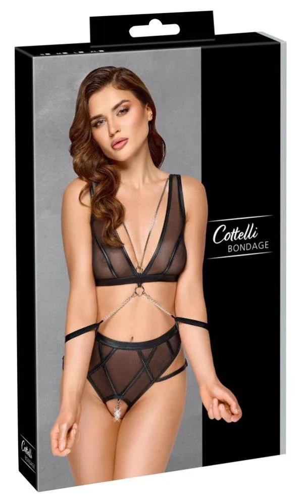 Cottelli BONDAGE Set - Soft-BH, Taillenslip ouvert und Handfesseln in Schwarz – Verpackung